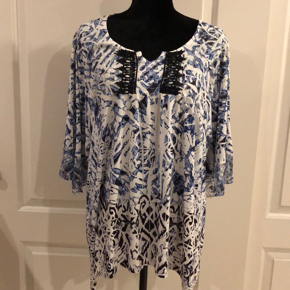 Blue and white blouse.